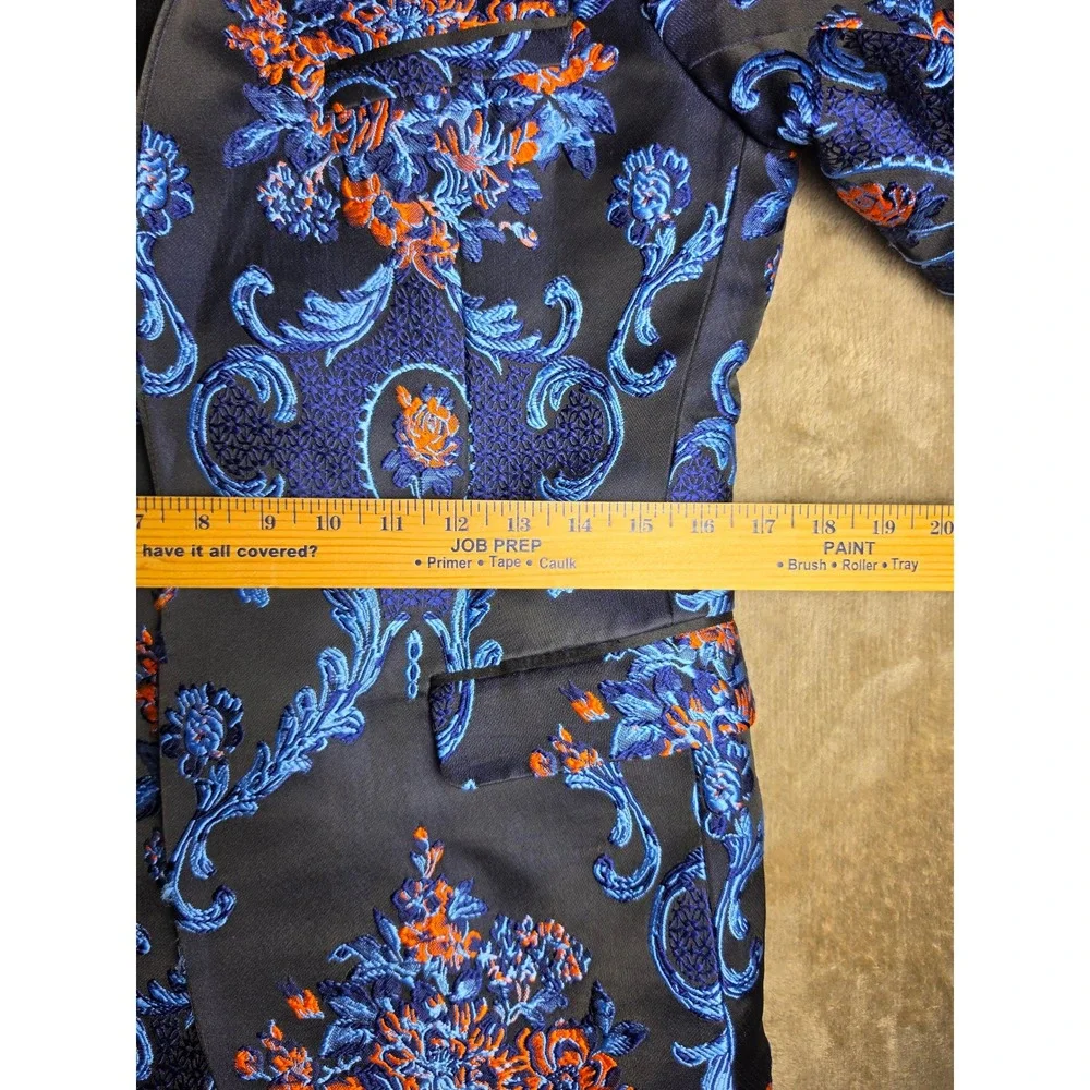 Retro Paris Monte Carlo III Blazer Indigo Blue Orange Floral Damask Tuxedo 36S
